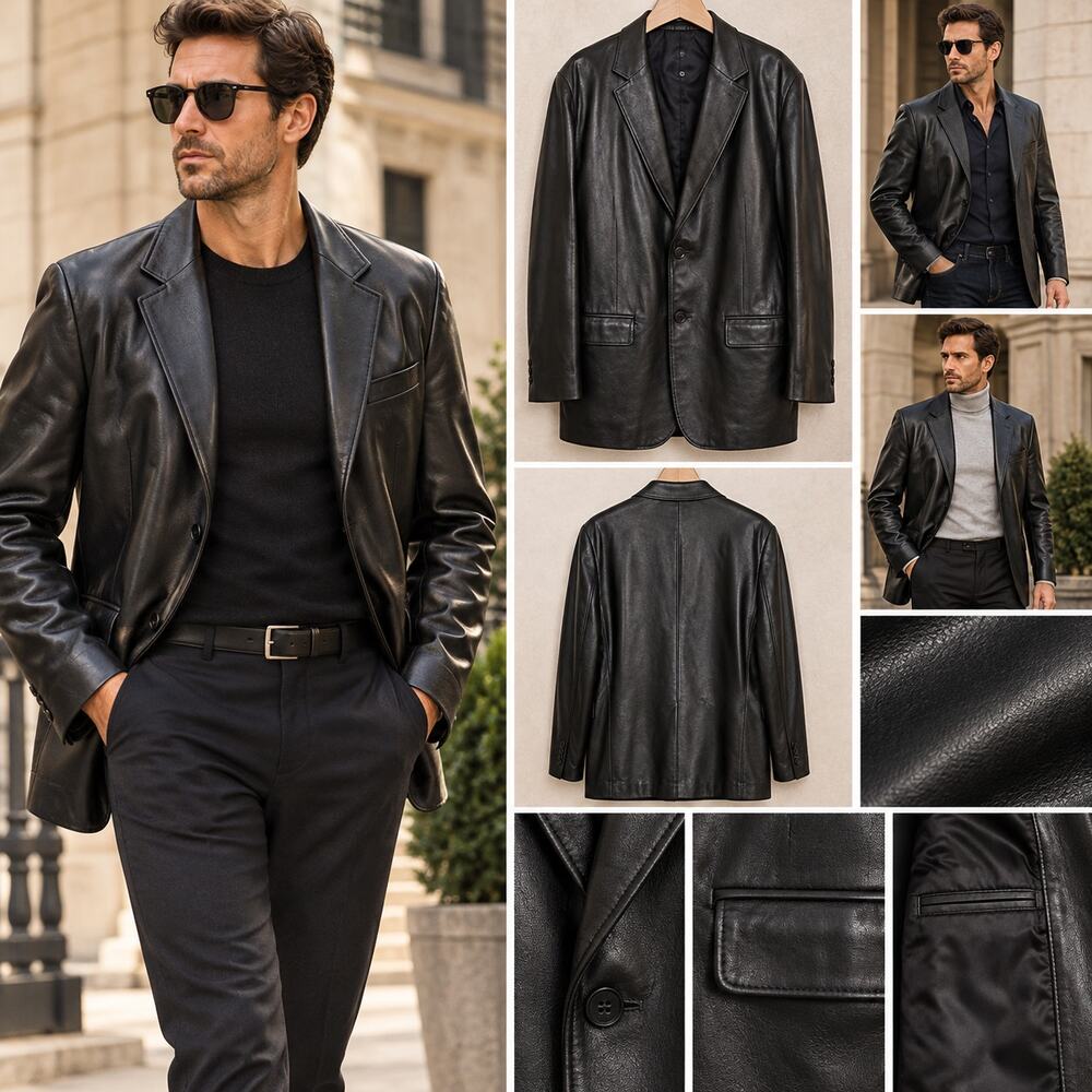 Mens City Jones New York Leather Jacket Black 2 Button SZ42R Classic